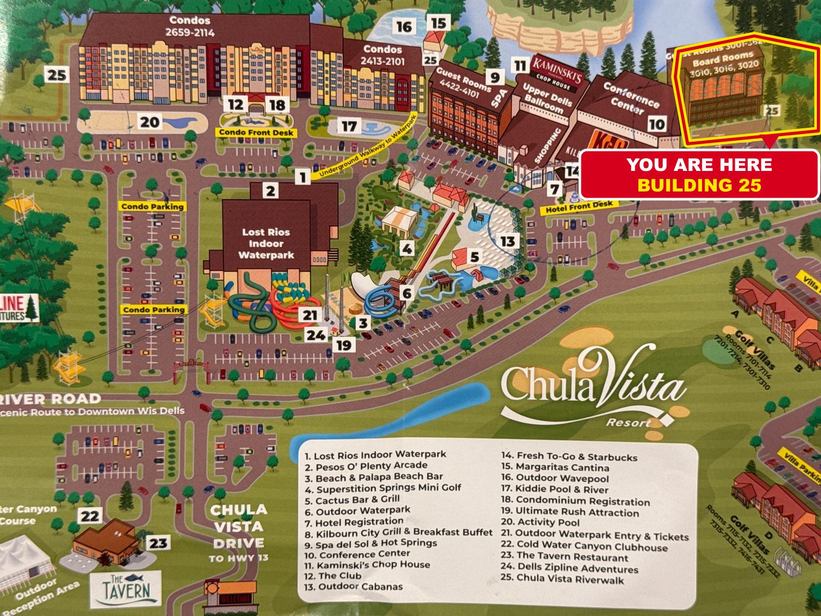 Chula Vista Resort map. GrowCon is in Building 25, the guest rooms building at the far right next to the Conference Center, outlined in yellow and red.